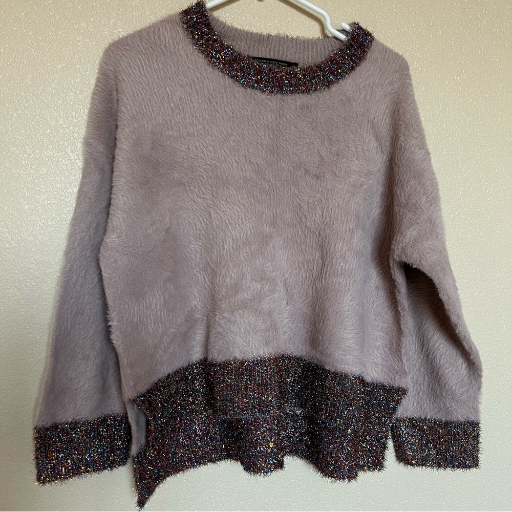Marc New York Fuzzy Pink Mauve Cropped Sweater Metallic Trim Party Top Size Med